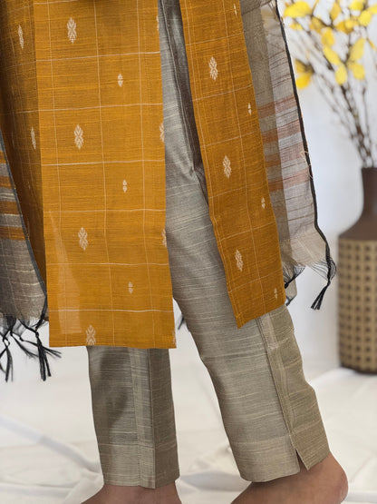 Handwoven Raw silk 3-Piece Set with Puff Sleeve