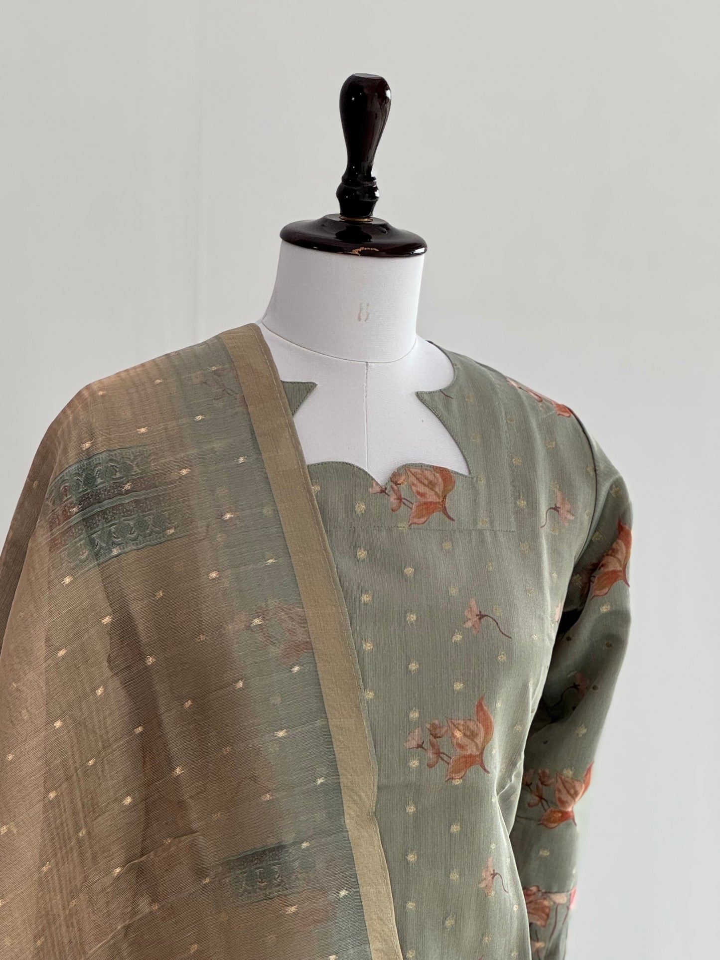 Camouflage Green with Golden Butta Tissue Chanderi 3 Piece Set