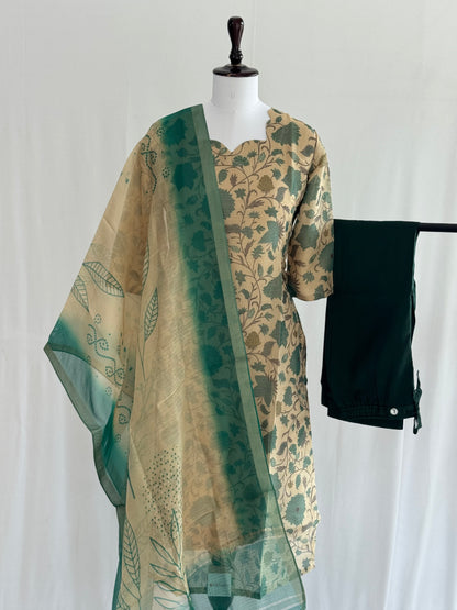 Teal Green with Beige Soft Tissue Chanderi 3 Piece Set