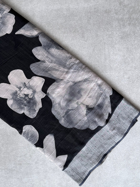 Black and White Floral Printed Semi Tusser Saree