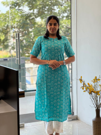 Teal Blue Handblock Cotton Kurti