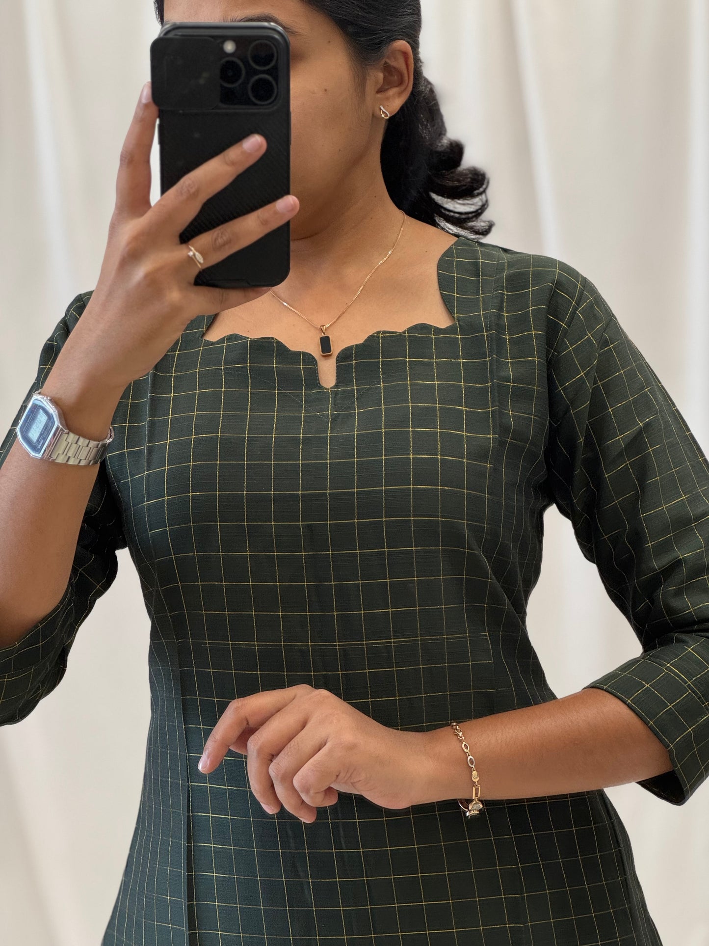 Checked Zari Raw Silk Straight Kurti