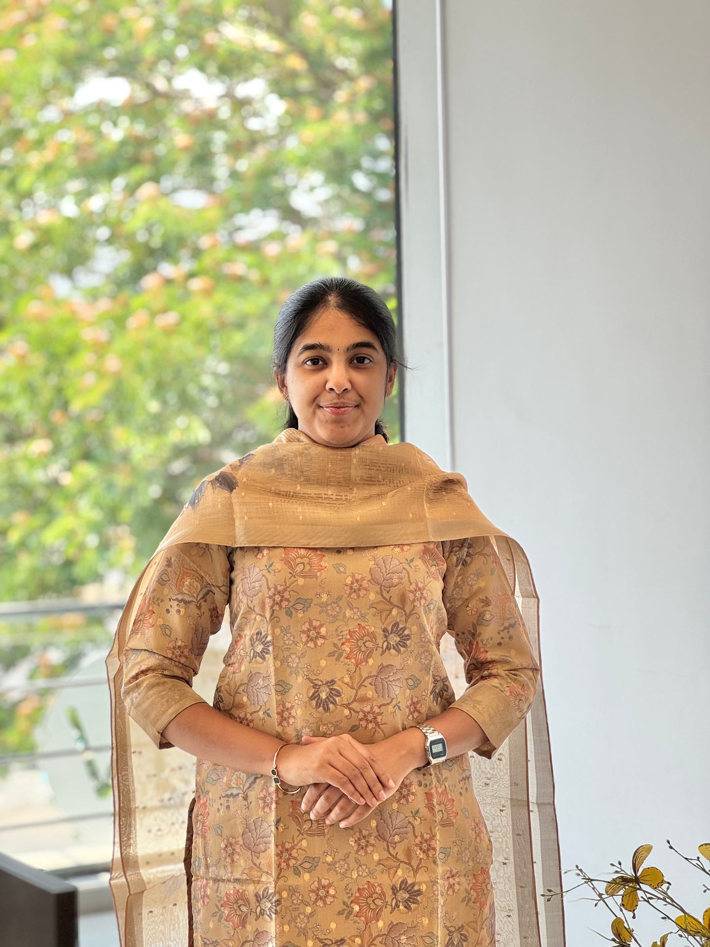 Pale Brown Floral Tissue Chanderi 3 Piece Set