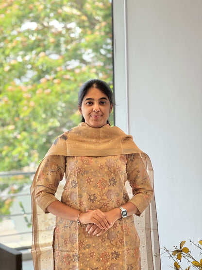 Pale Brown Floral Tissue Chanderi 3 Piece Set