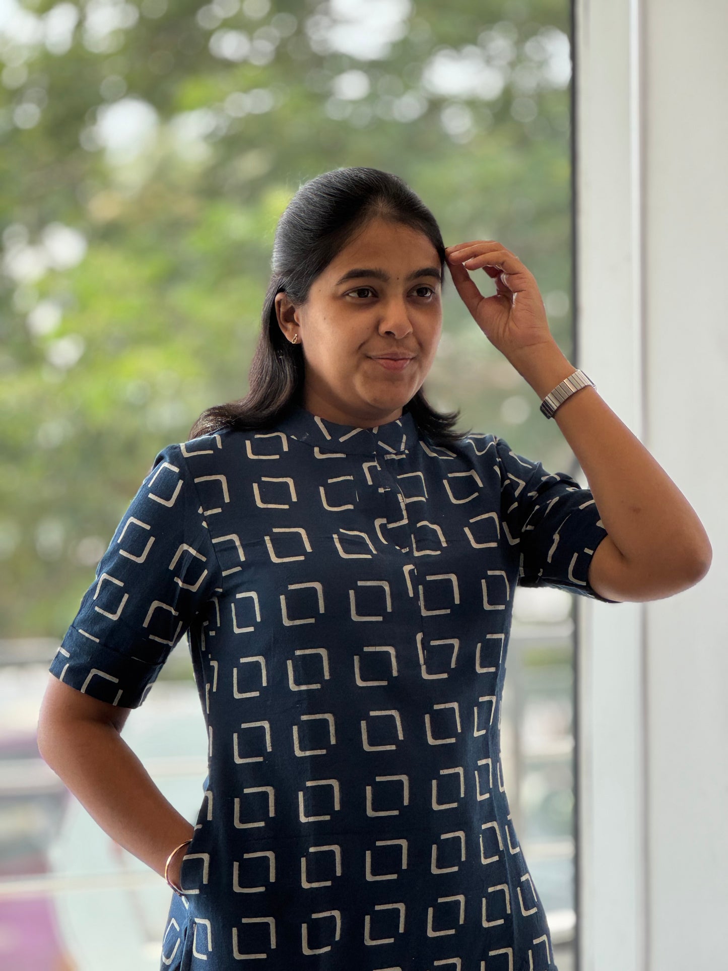 Indigo Handblock Cotton Kurti with Chinese Collar