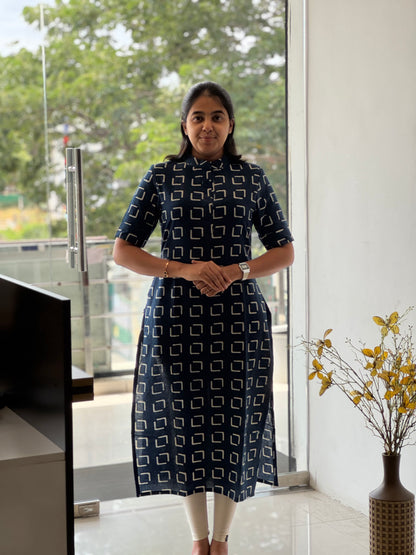 Indigo Handblock Cotton Kurti with Chinese Collar