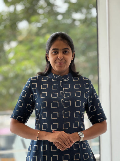 Indigo Handblock Cotton Kurti with Chinese Collar