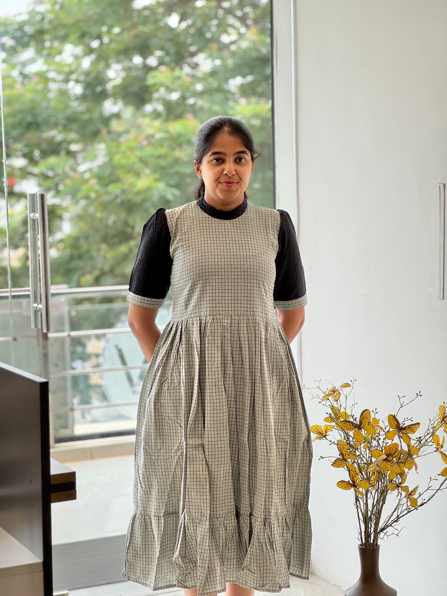 Checked Cotton Gray Two-Tier Maxi