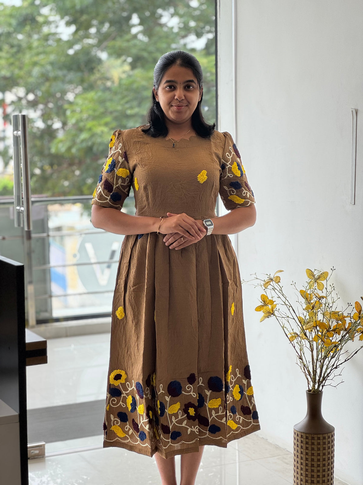 Embosed Embroidered Crush Cotton Maxi with Full Lining