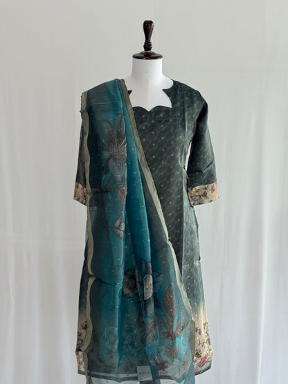 Black Olive with Pearl Border Tissue chanderi 3 Piece Set