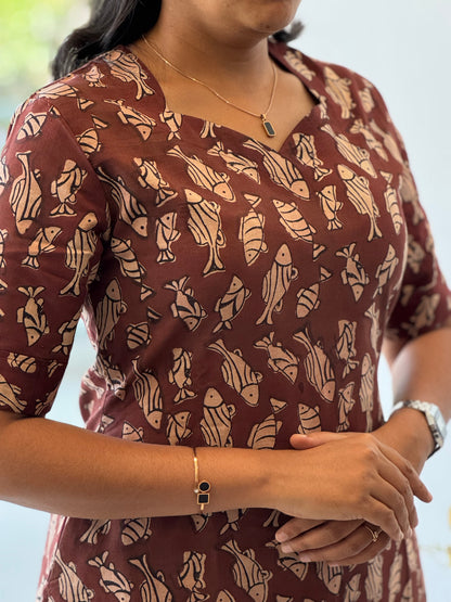 Terracotta Brown Handblock Cotton Kurti