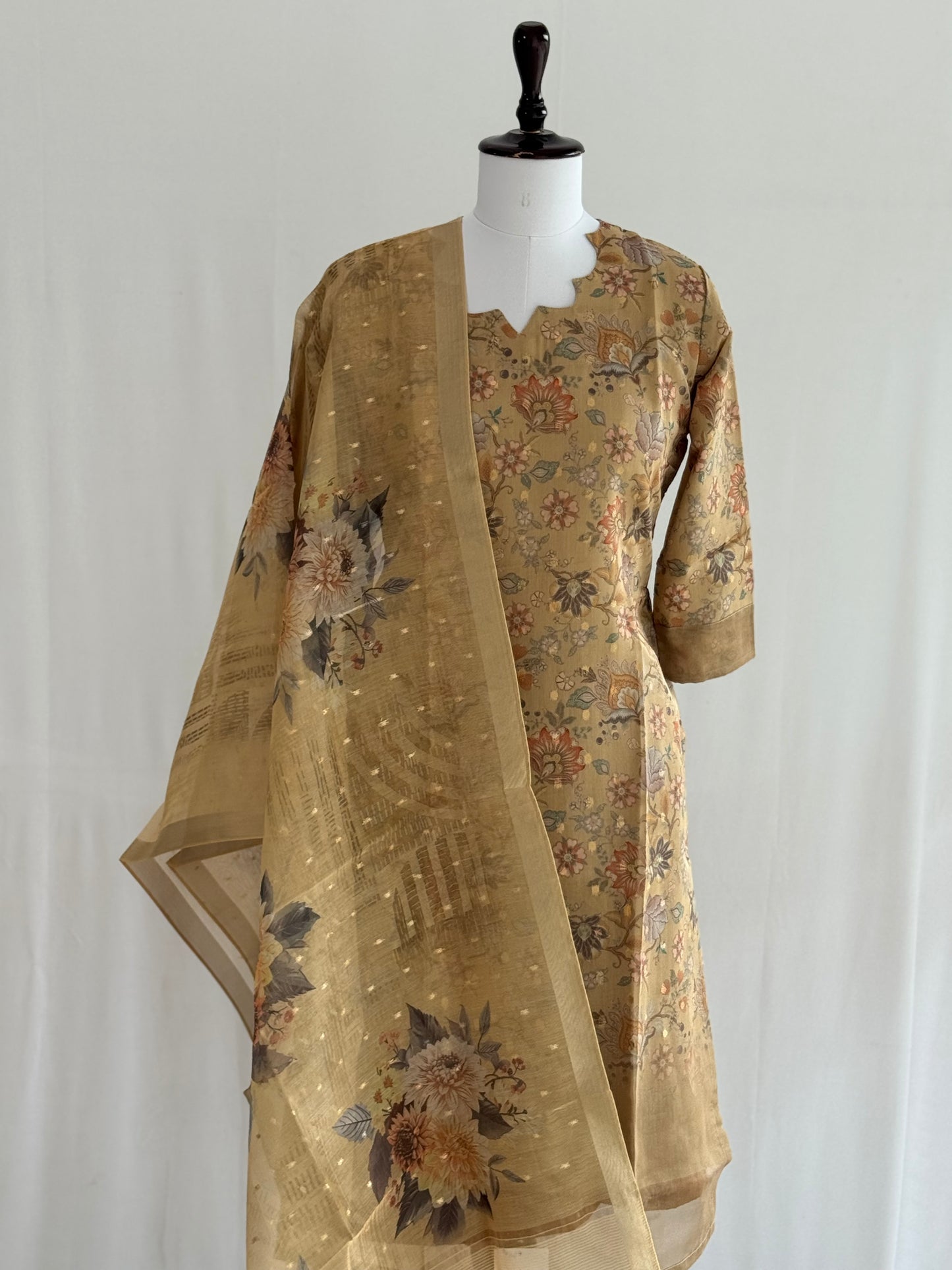 Pale Brown Floral Tissue Chanderi 3 Piece Set