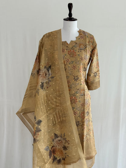 Pale Brown Floral Tissue Chanderi 3 Piece Set