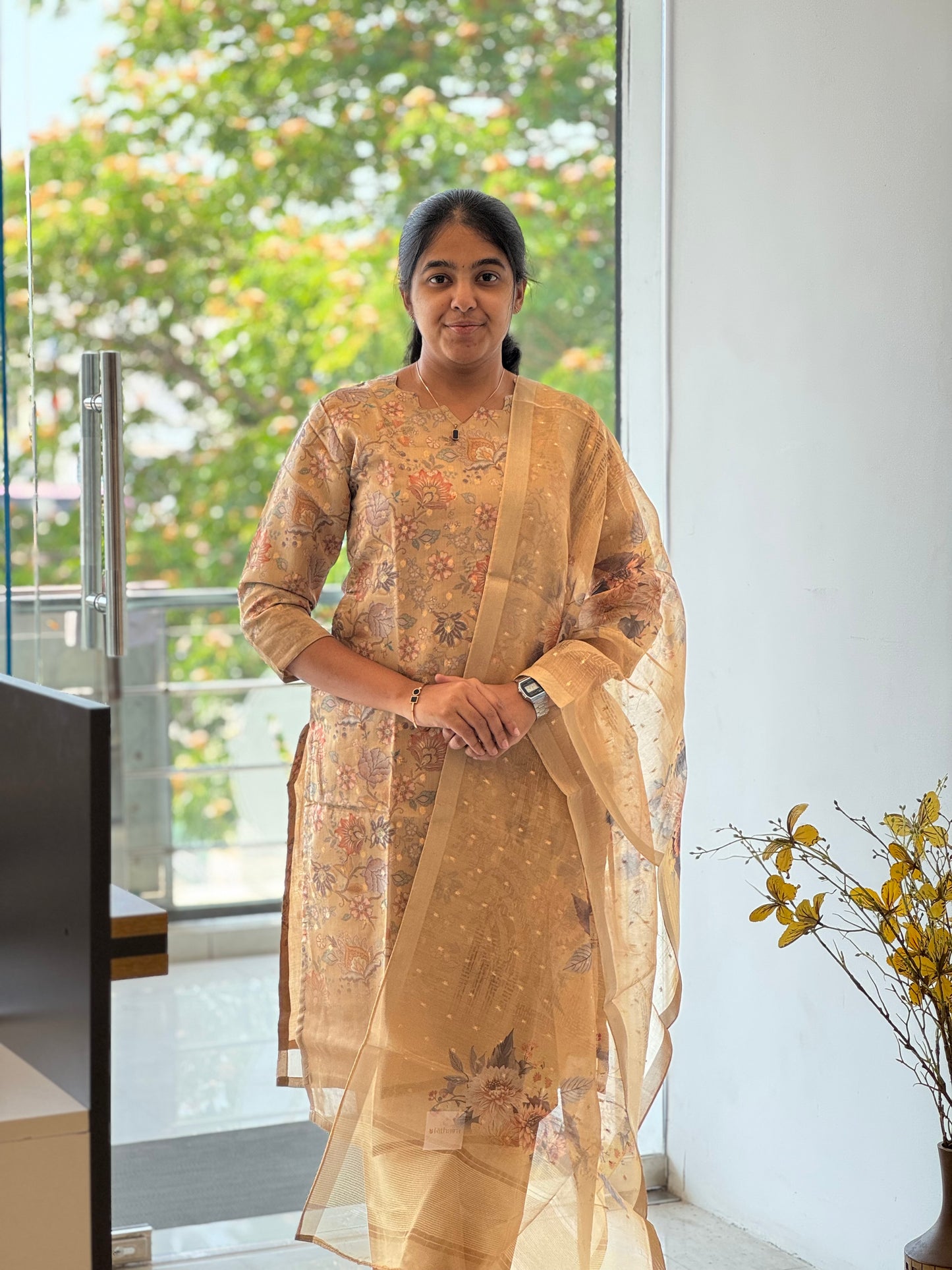 Pale Brown Floral Tissue Chanderi 3 Piece Set