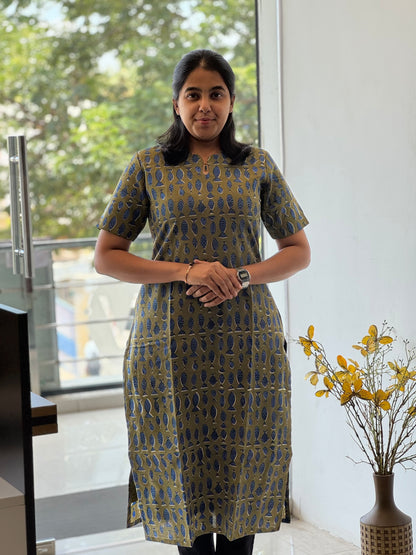Muted Olive Green Handblock Cotton Kurti