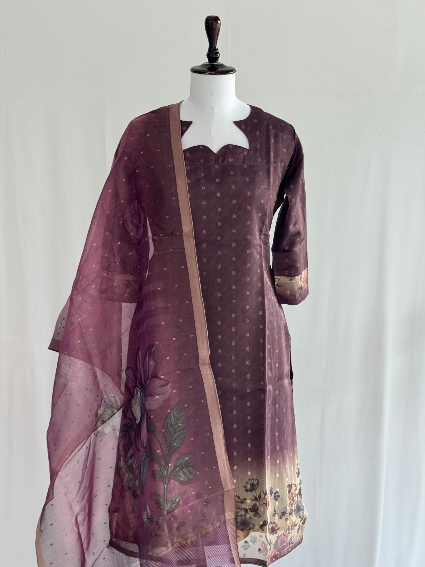 Old Burgundy with Pearl Border Tissue chanderi 3 Piece Set