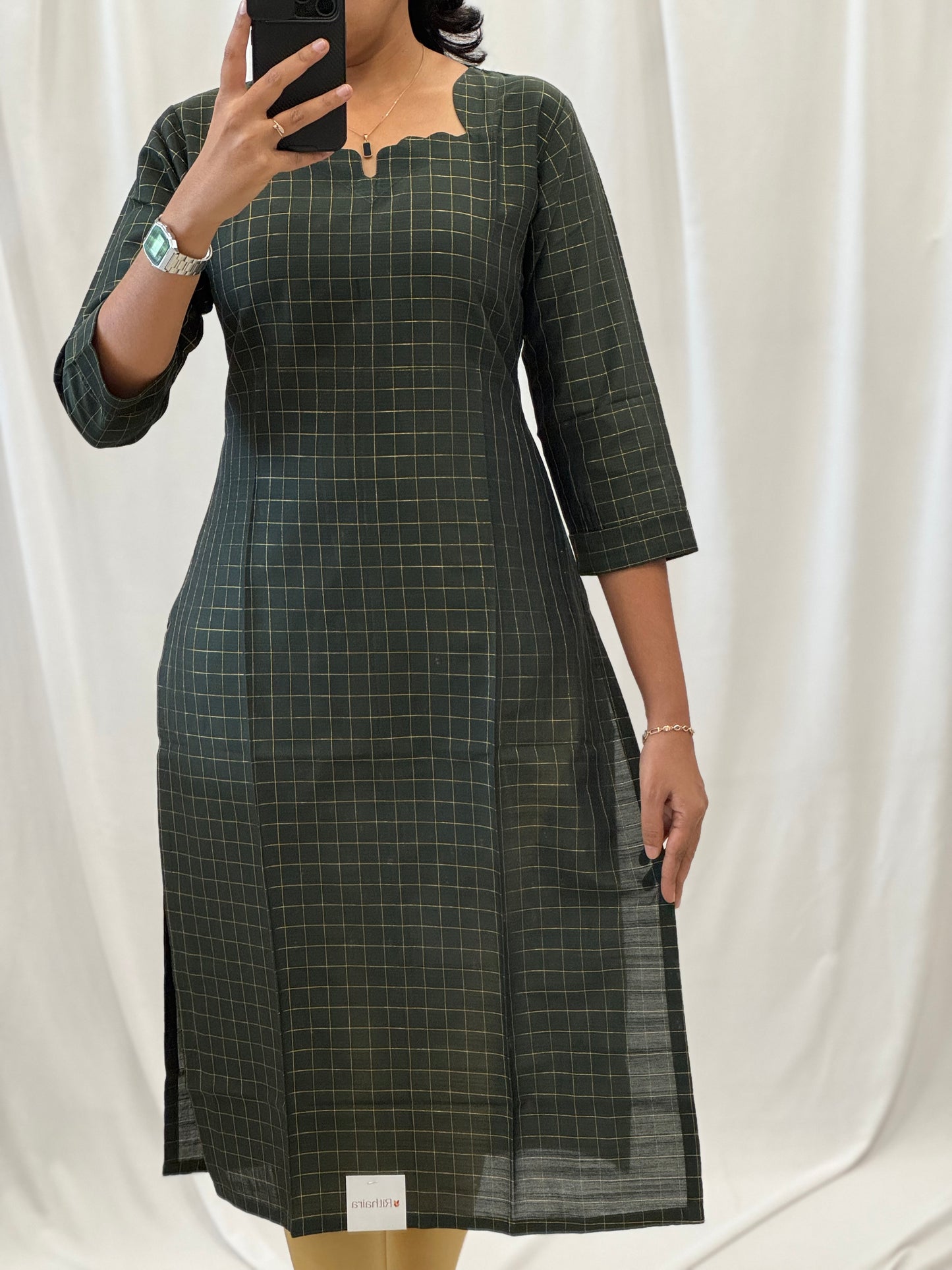 Checked Zari Raw Silk Straight Kurti