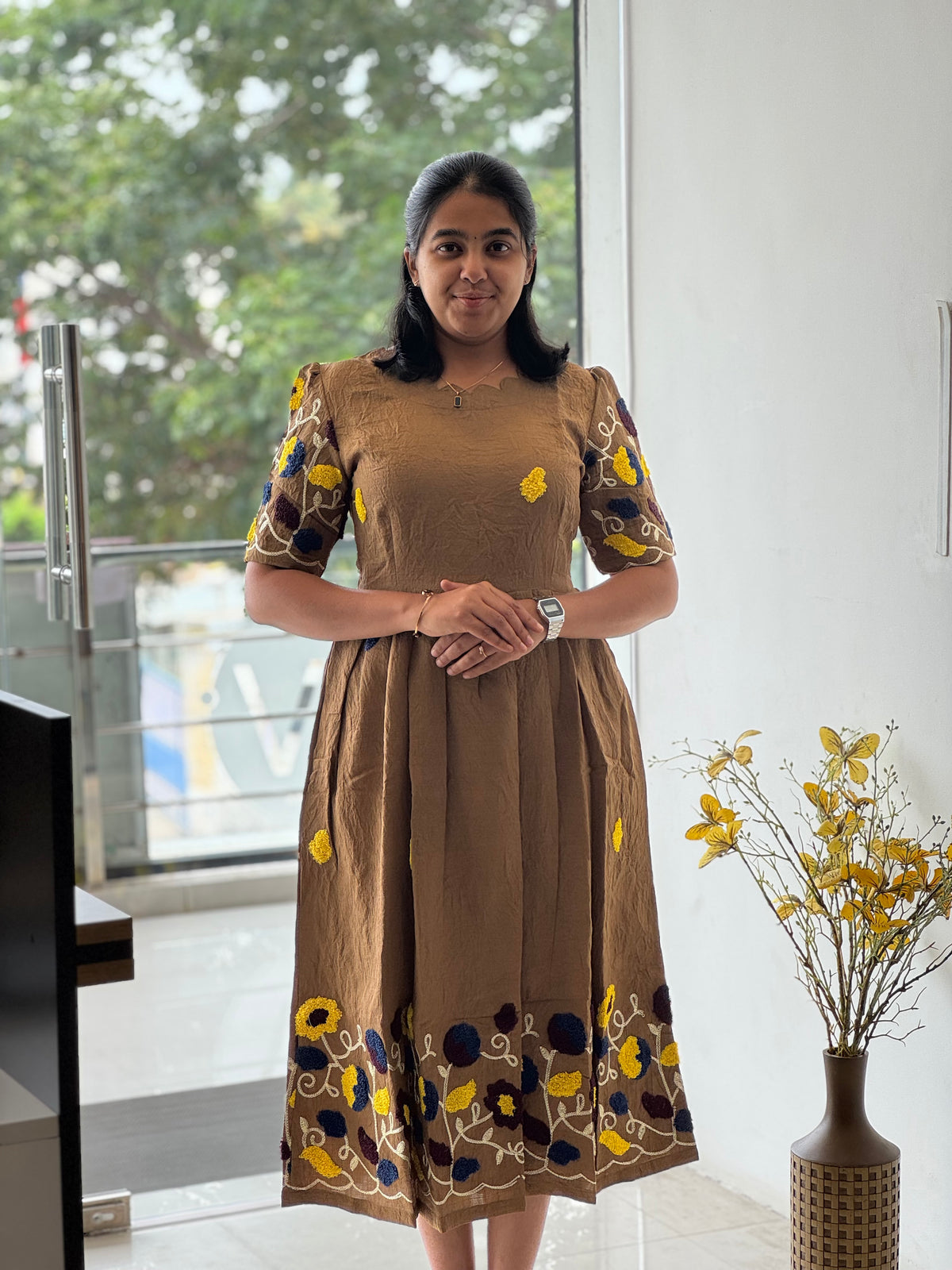 Embosed Embroidered Crush Cotton Maxi with Full Lining
