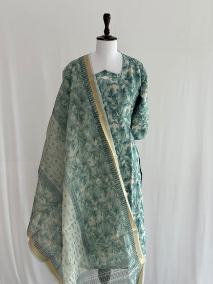 Blue Floral Soft Tissue Chanderi 3 Piece Set