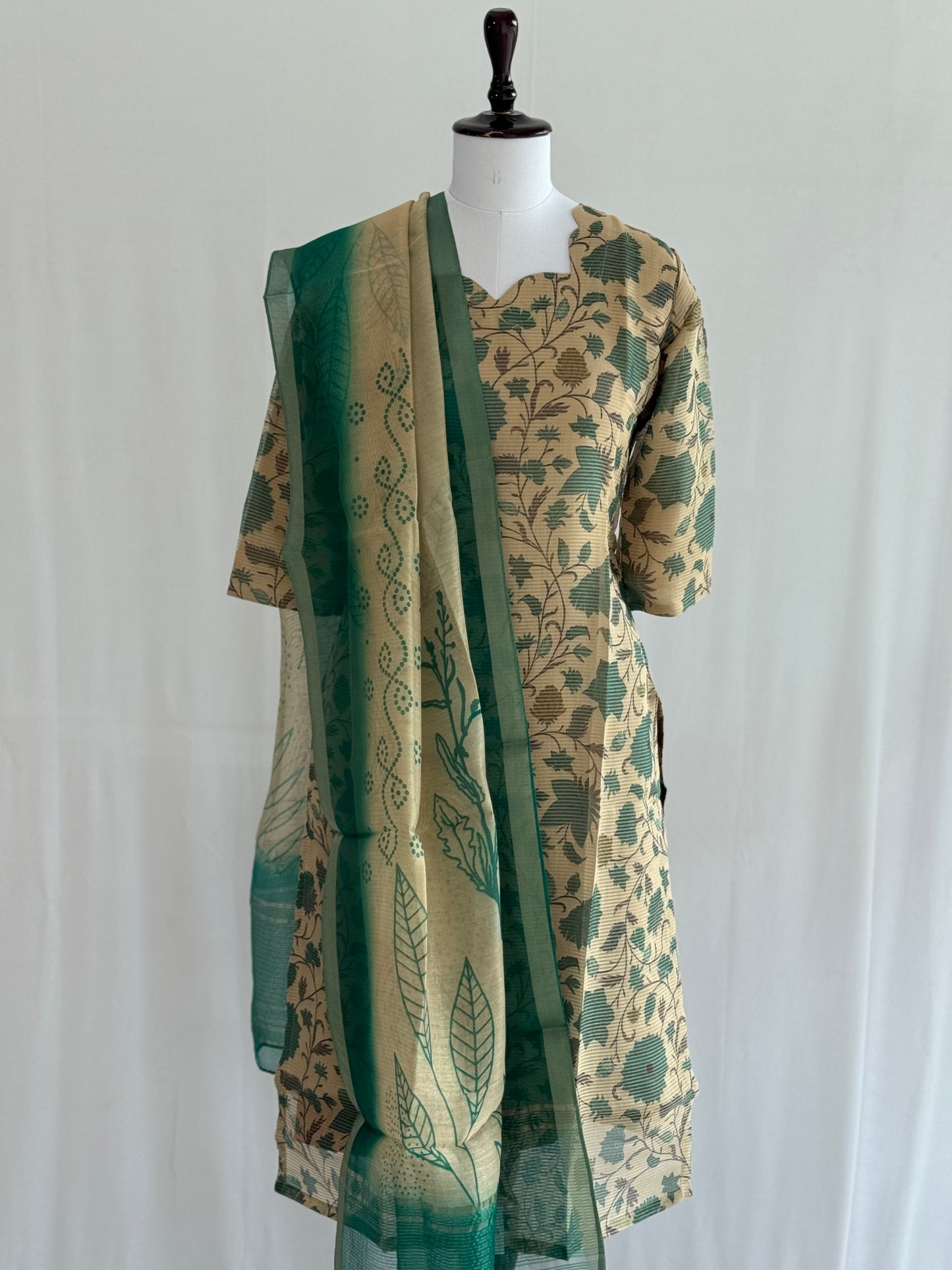 Teal Green with Beige Soft Tissue Chanderi 3 Piece Set