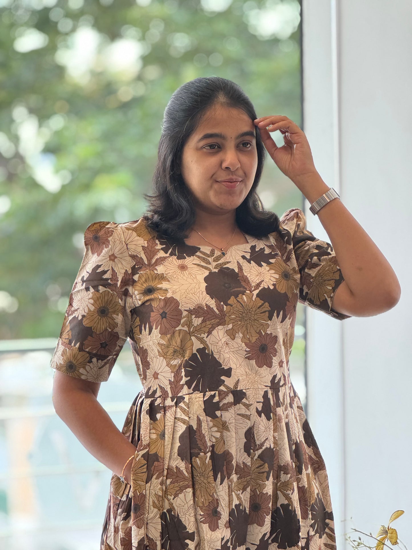 Leaf Printed Cotton Maxi with Yoke Lining