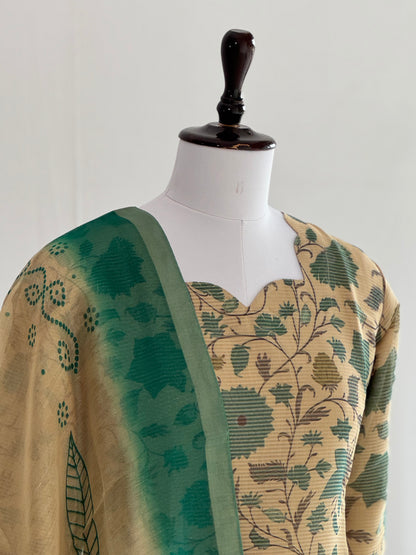 Teal Green with Beige Soft Tissue Chanderi 3 Piece Set