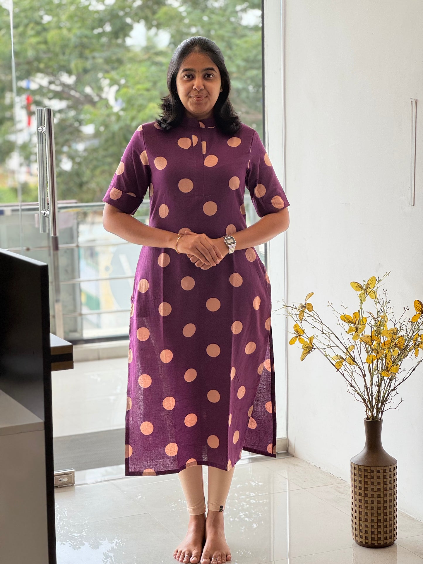 Violet Handblock Cotton Kurti with Chinese Collar