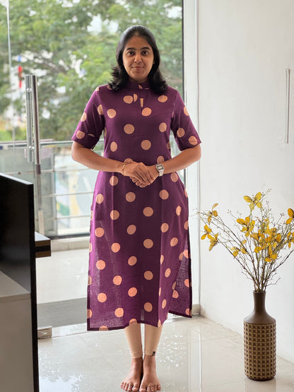 Violet Handblock Cotton Kurti with Chinese Collar