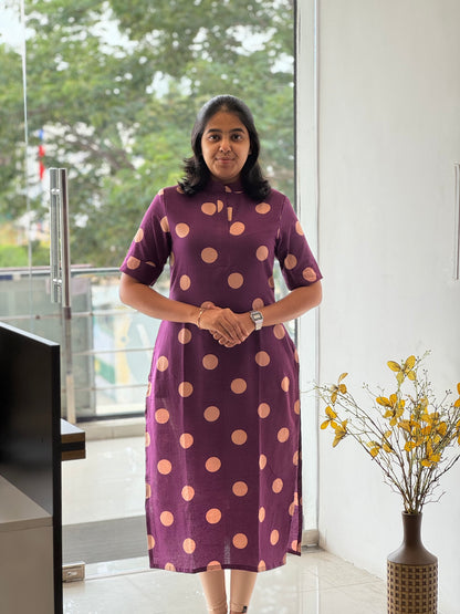 Violet Handblock Cotton Kurti with Chinese Collar
