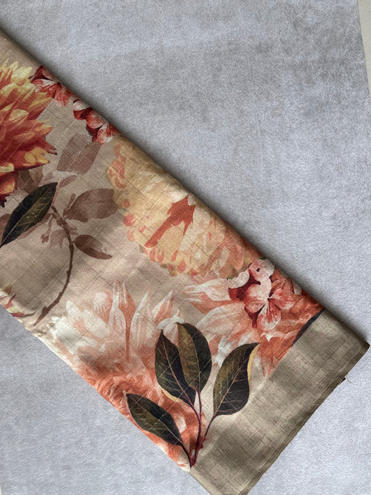 Sandal Printed Zari Checked Semi Tussar Saree