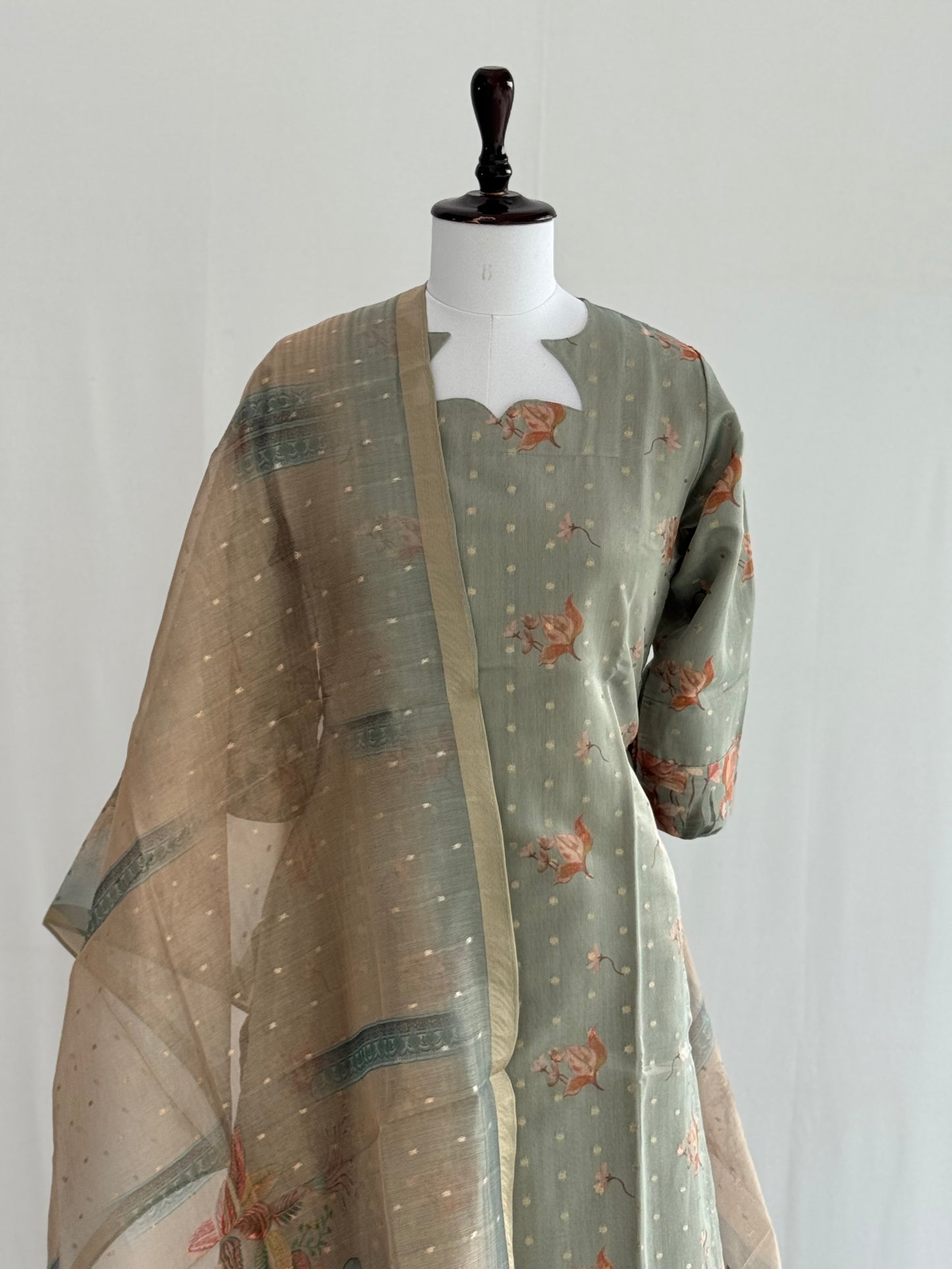 Camouflage Green with Golden Butta Tissue Chanderi 3 Piece Set