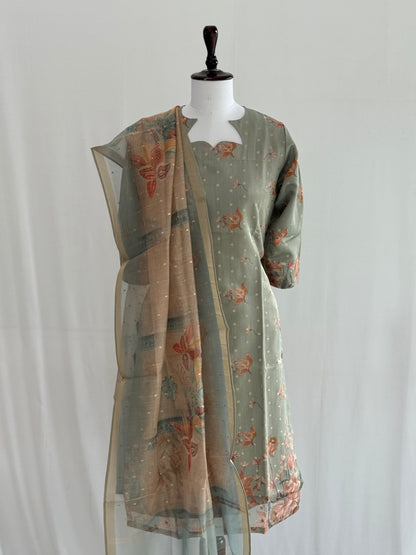 Camouflage Green with Golden Butta Tissue Chanderi 3 Piece Set