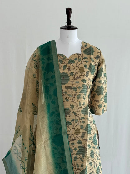 Teal Green with Beige Soft Tissue Chanderi 3 Piece Set