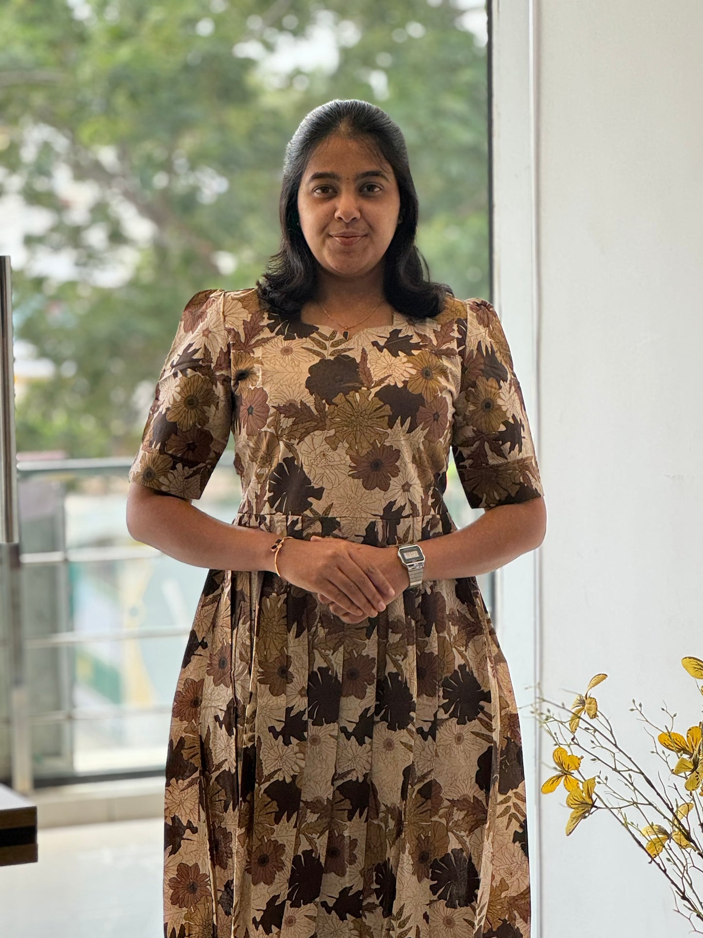 Leaf Printed Cotton Maxi with Yoke Lining