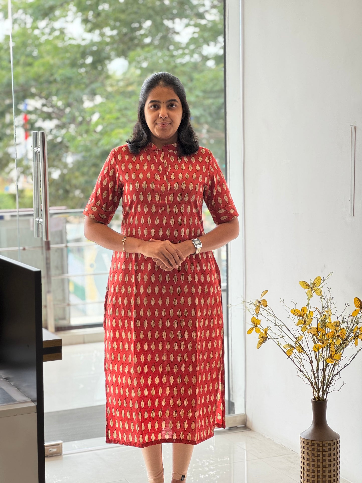 Crimson Red Handblock Cotton Kurti with Chinese Collar