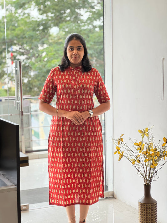 Crimson Red Handblock Cotton Kurti with Chinese Collar