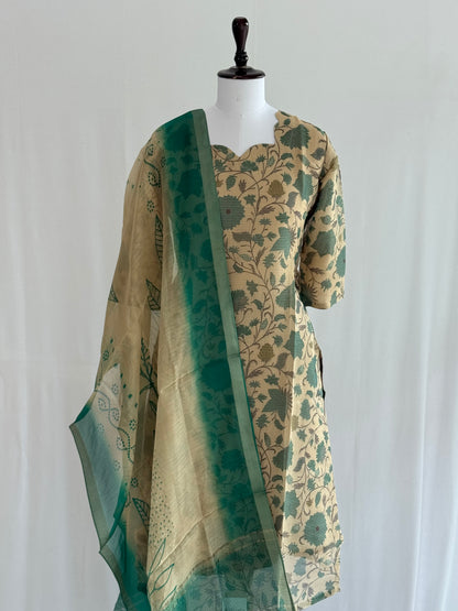 Teal Green with Beige Soft Tissue Chanderi 3 Piece Set