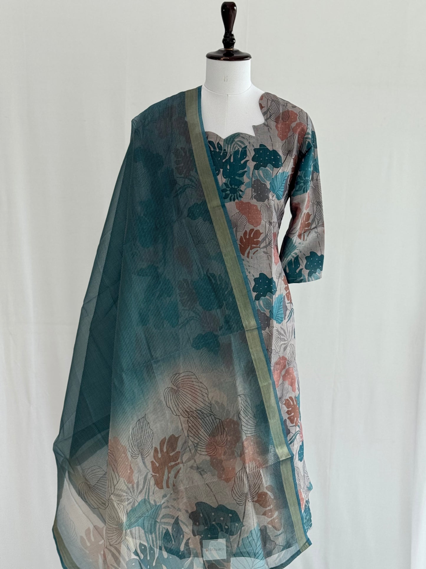 Cadet Blue Floral Soft Tissue Chanderi 3 Piece Set