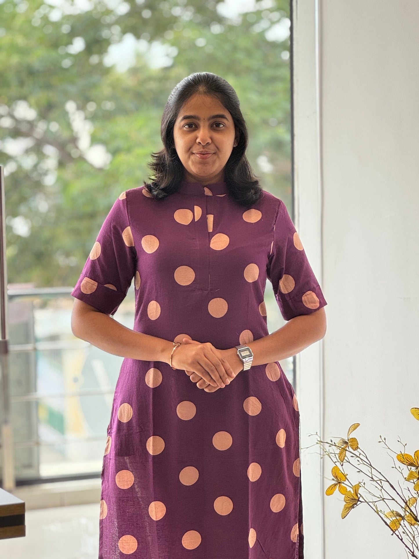 Violet Handblock Cotton Kurti with Chinese Collar