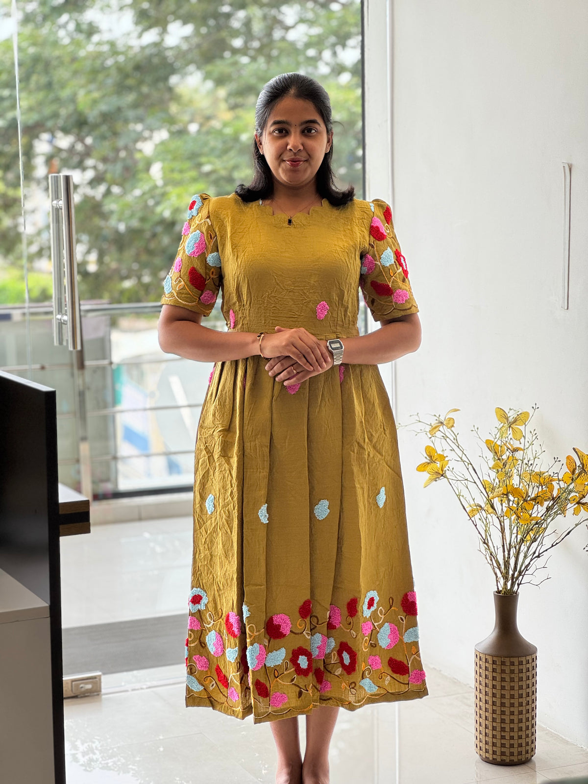 Embosed Embroidered Crush Cotton Maxi with Full Lining