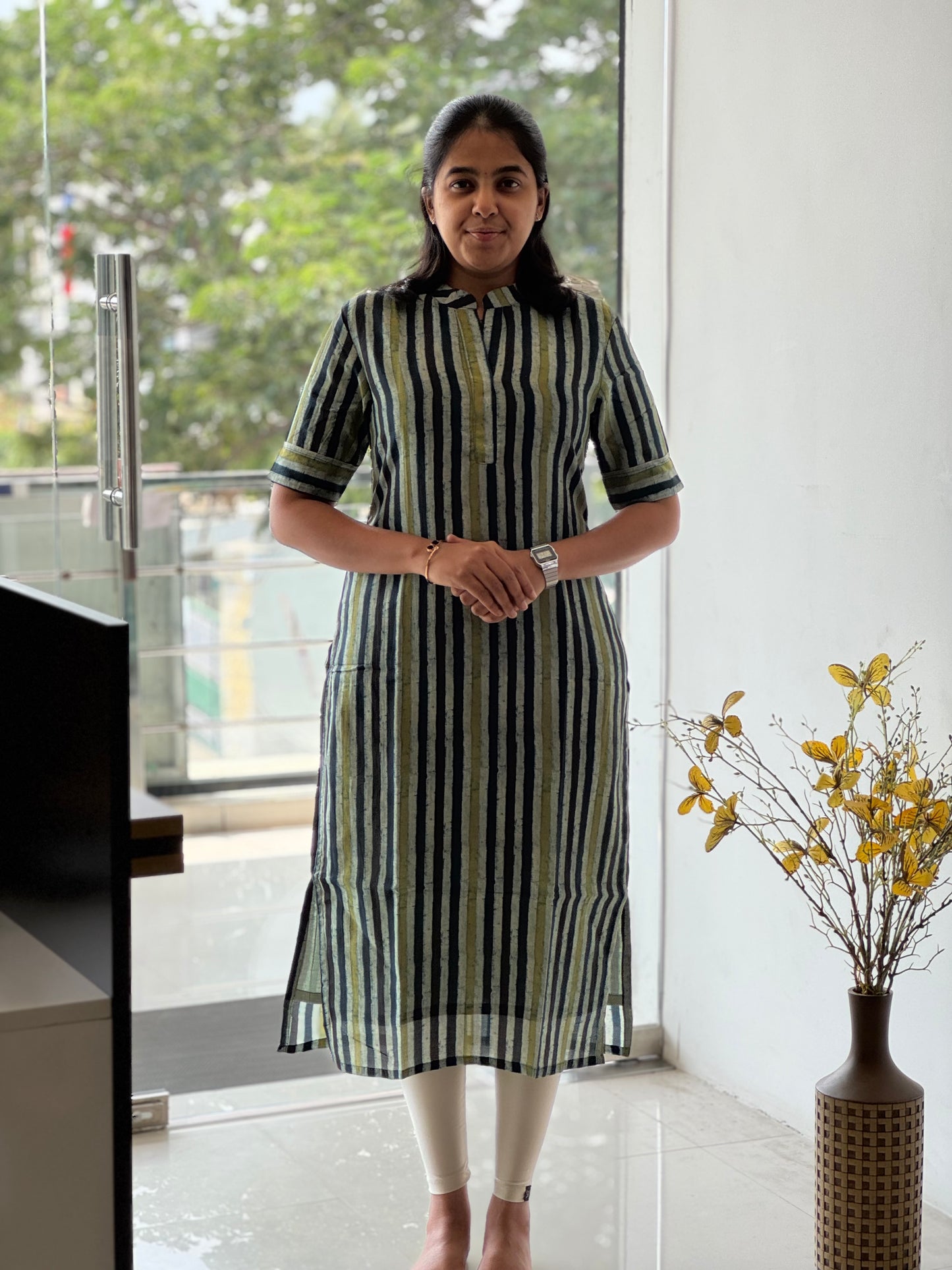 Striped Chanderi Cotton Kurti with Chinese Collar