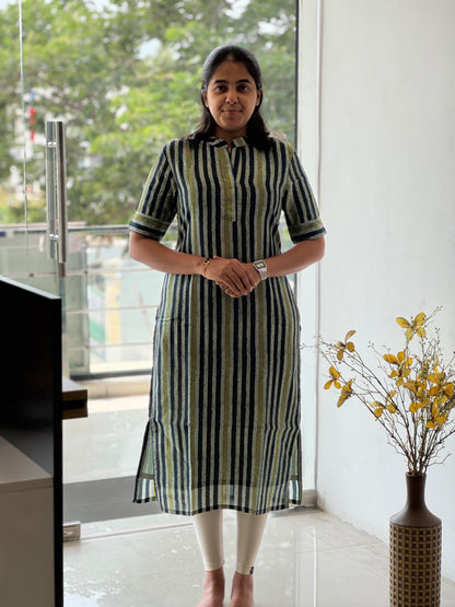 Striped Chanderi Cotton Kurti with Chinese Collar