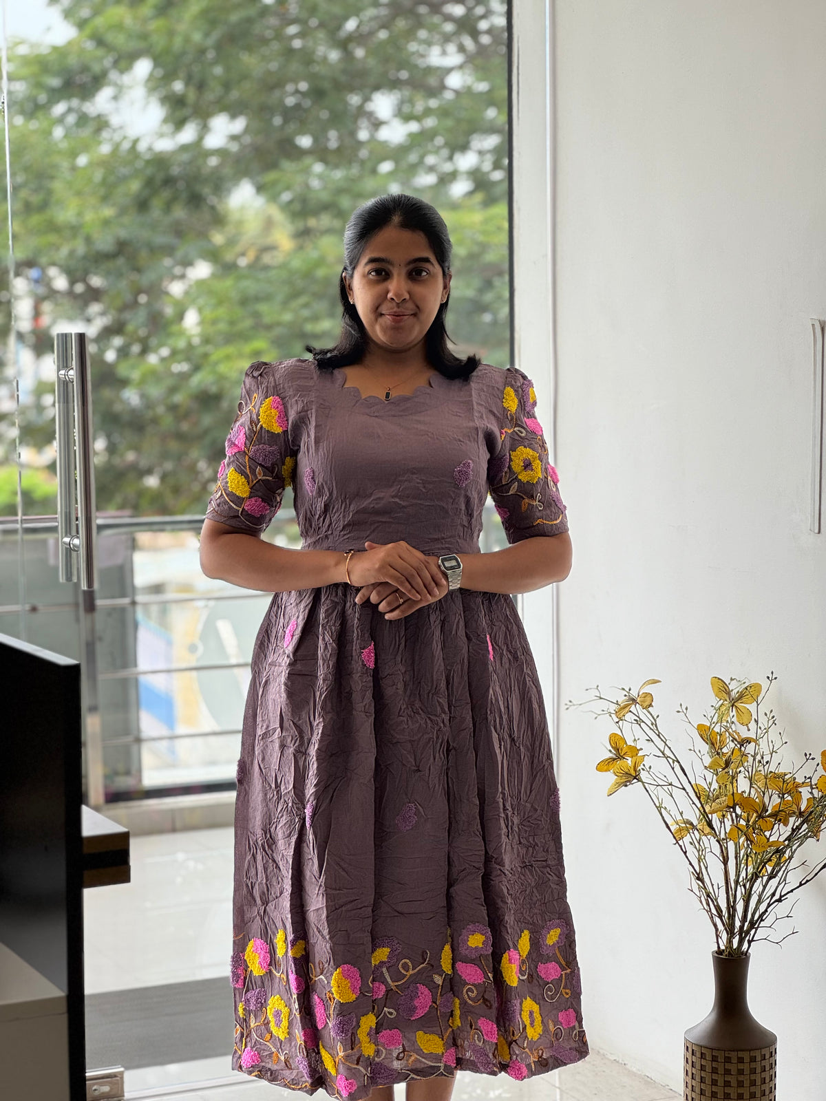Embosed Embroidered Crush Cotton Maxi with Full Lining