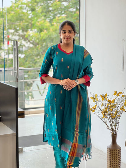 Dark Peacock Teal Handloom Cotton 3 Piece Set