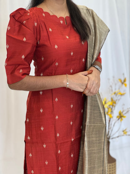 Handwoven Raw silk 3-Piece Set with Puff Sleeve