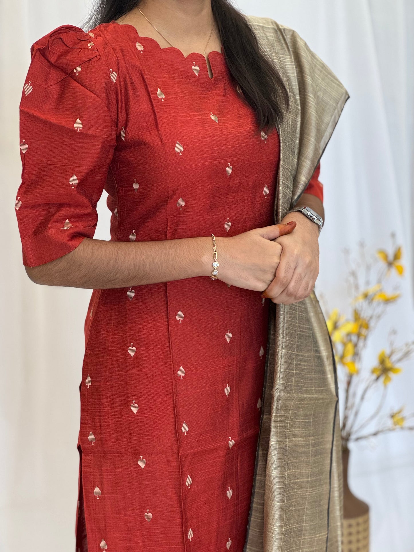 Handwoven Raw silk 3-Piece Set with Puff Sleeve