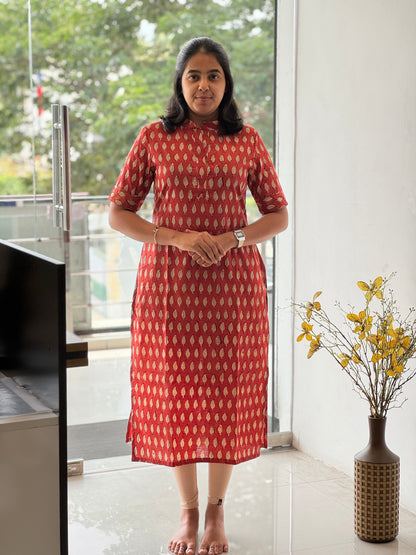 Crimson Red Handblock Cotton Kurti with Chinese Collar