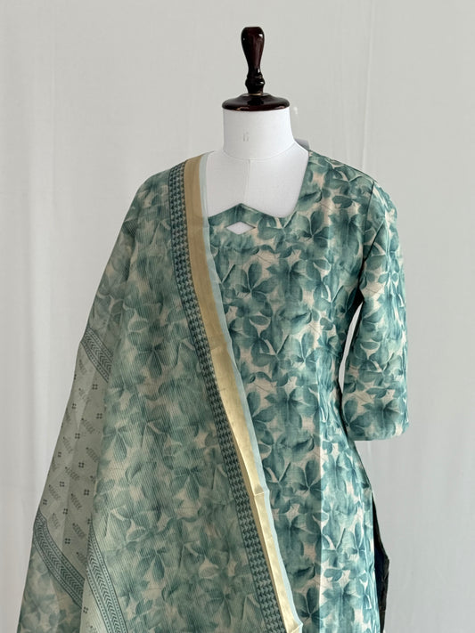 Blue Floral Soft Tissue Chanderi 3 Piece Set