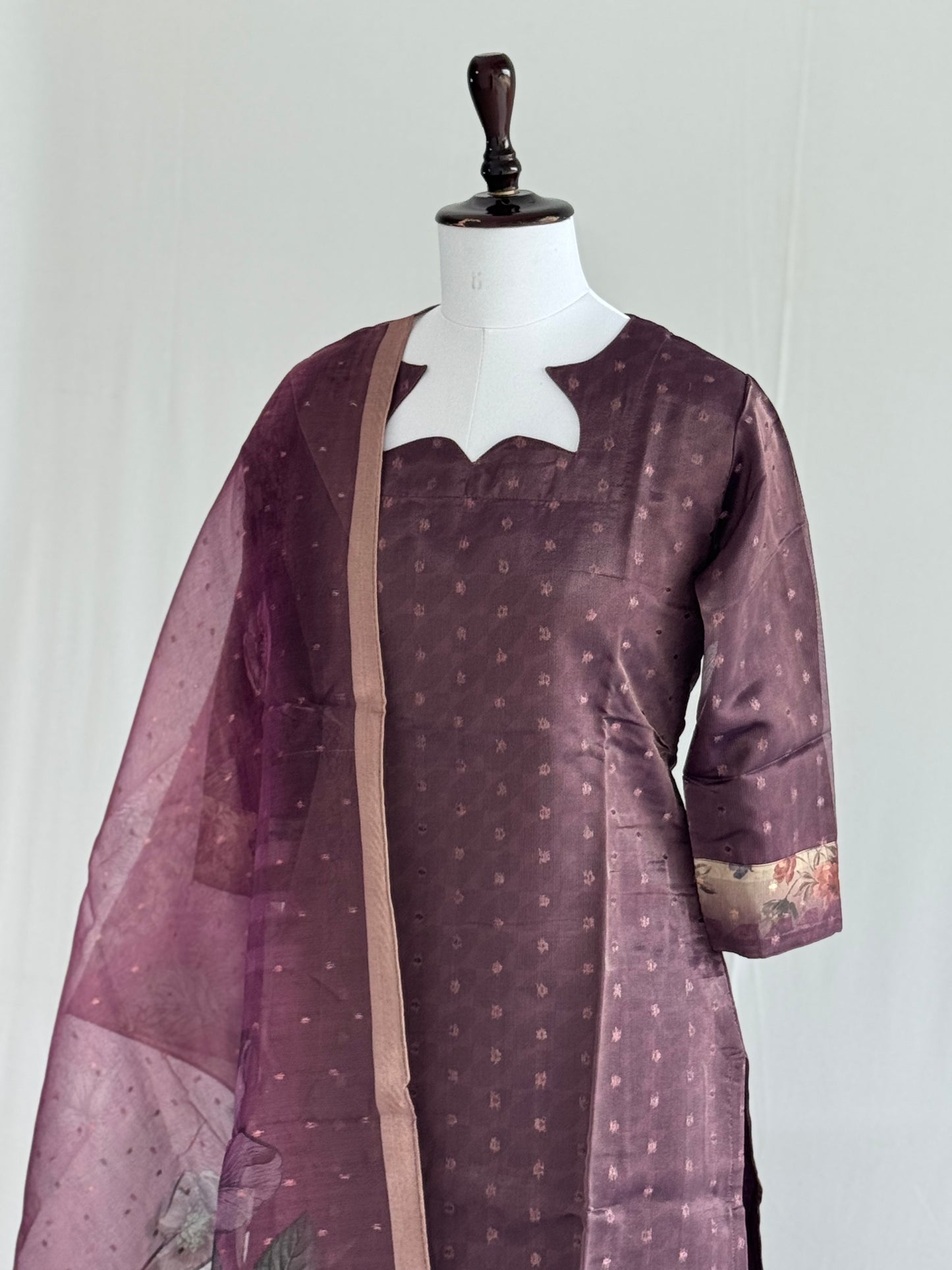 Old Burgundy with Pearl Border Tissue chanderi 3 Piece Set