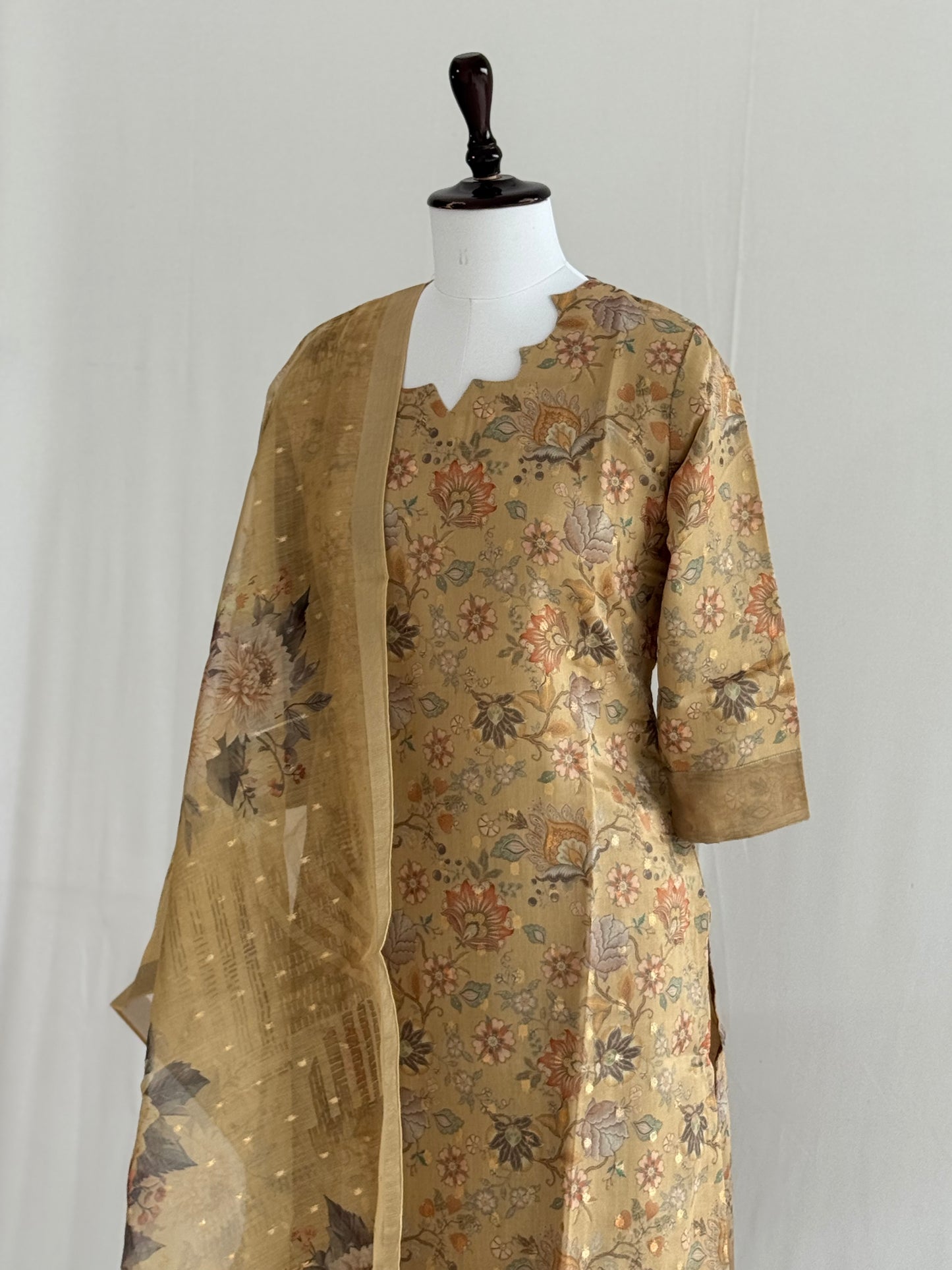 Pale Brown Floral Tissue Chanderi 3 Piece Set